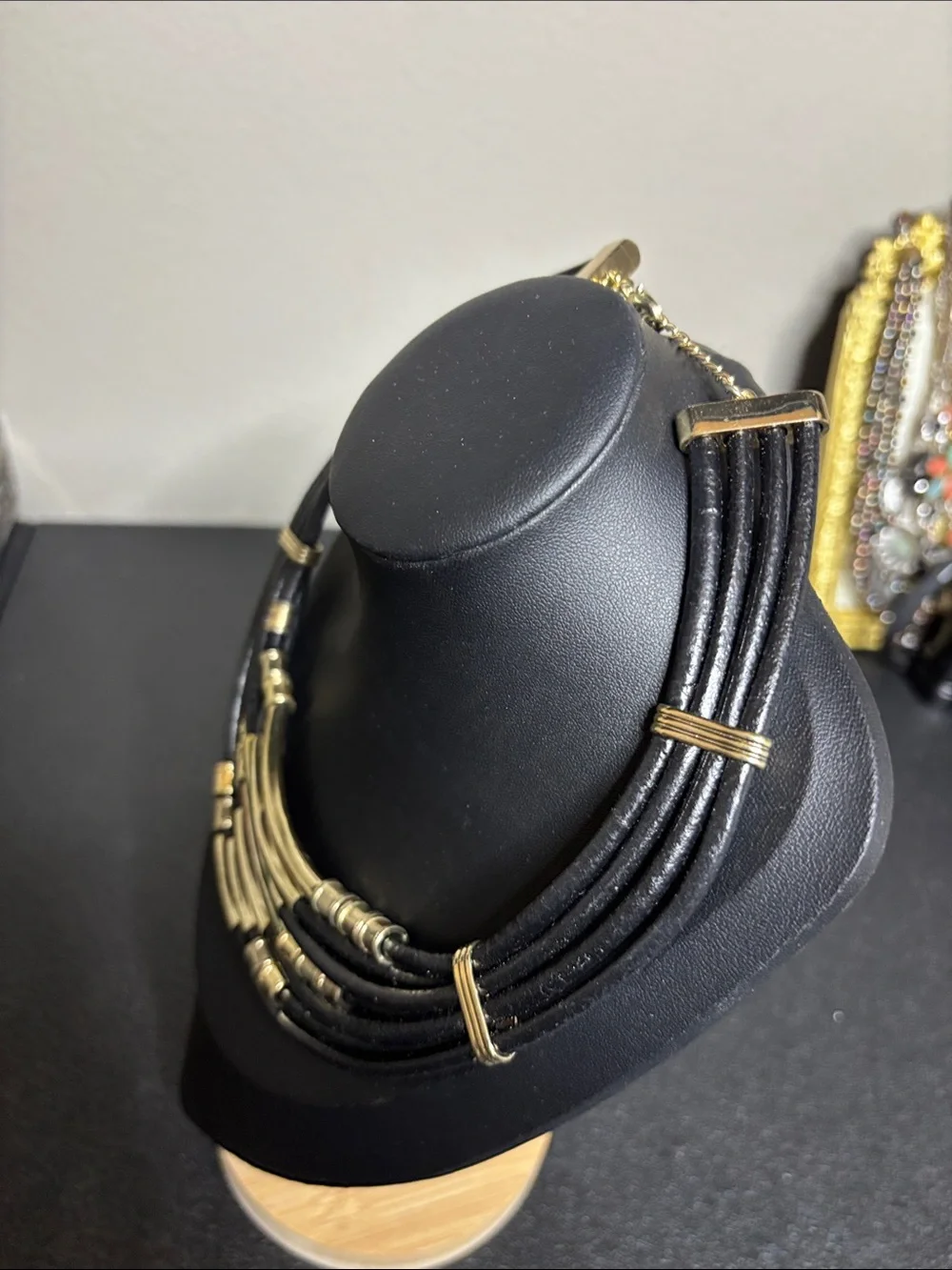 Express Black Leather Gold Tone Statement Edgy Collar Necklace